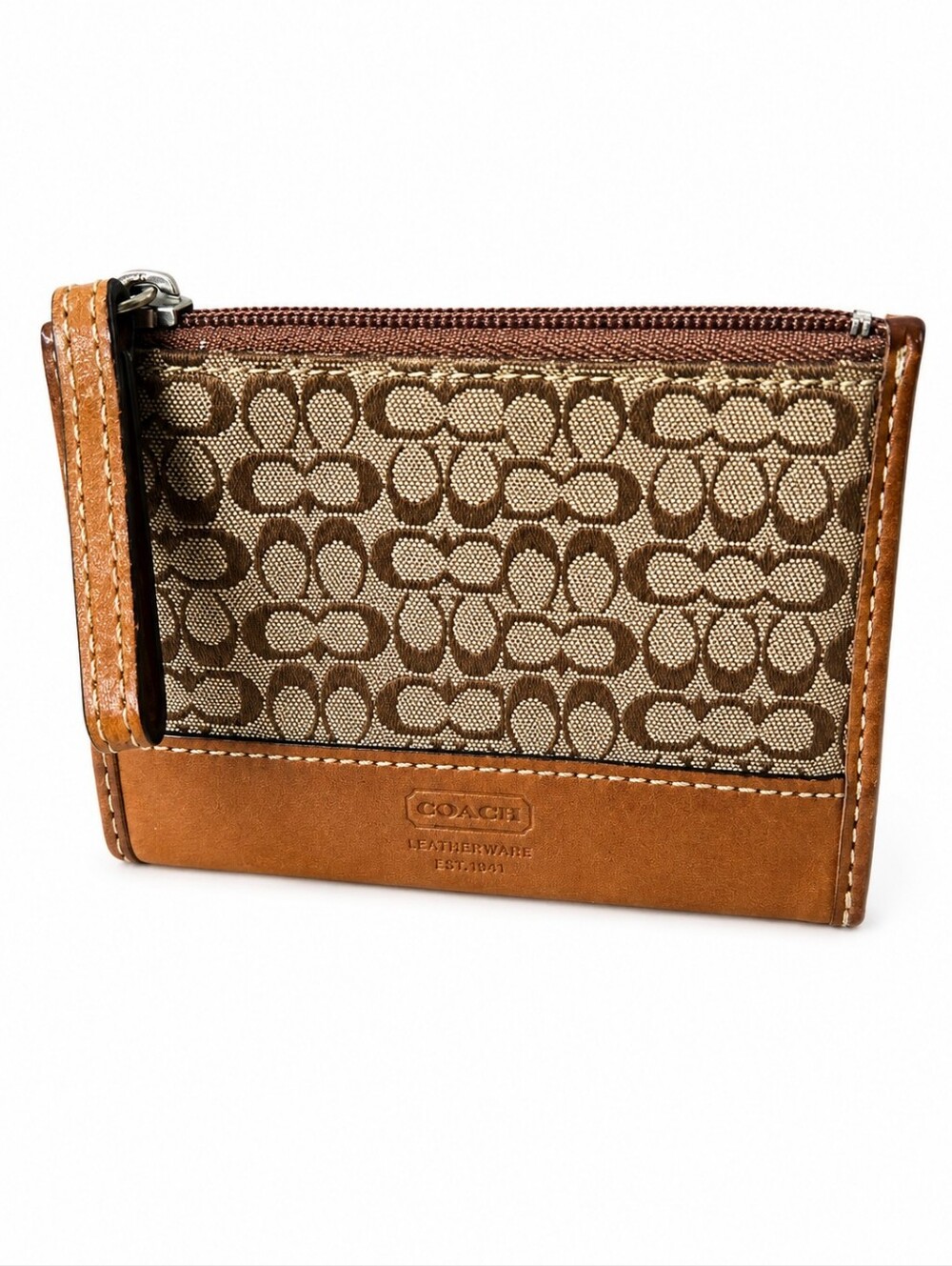 Coach Brown Signature Canvas Card Case with Tan Leather Trim